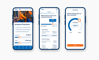 Mockups von drei Smartphones auf denen die easyCredit-Anwendungen zu sehen sind